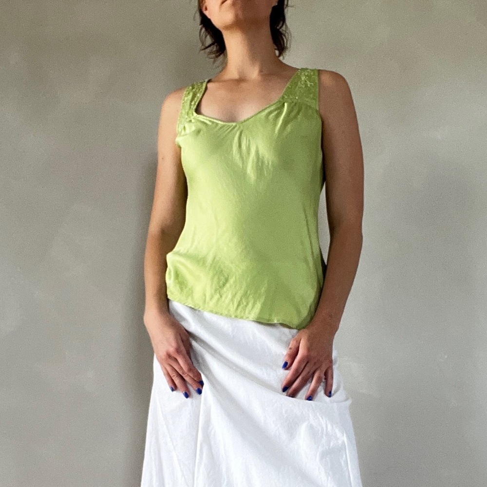 Fitted Green 100% Silk Camisole Tank Top